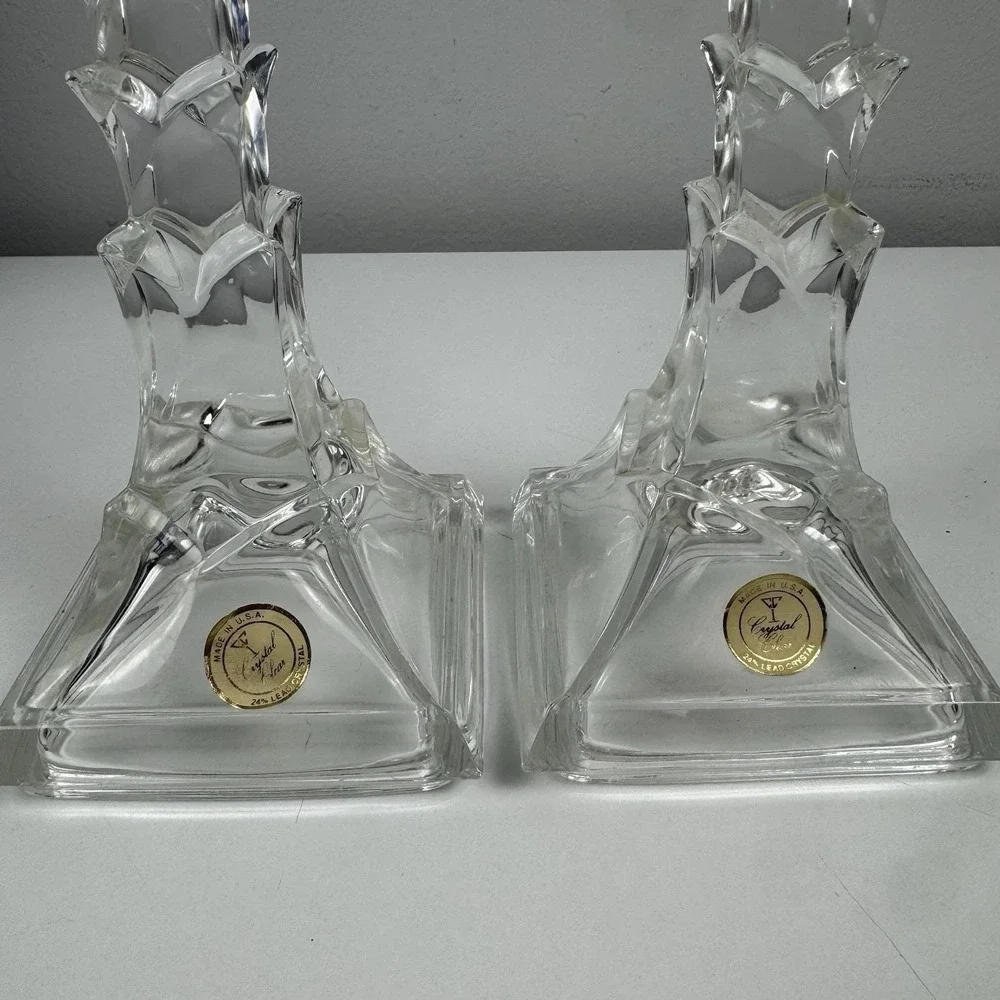 Vtg 1980s Crystal Clear Lead Crystal Candlesticks Pair USA Art Deco Style‎